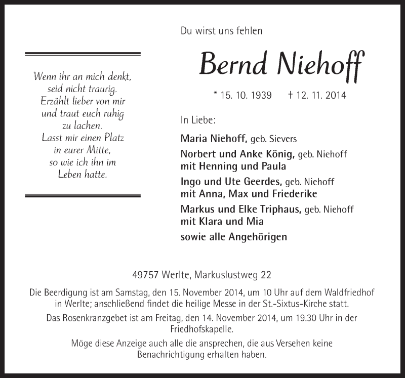  Traueranzeige für Bernd Niehoff vom 14.11.2014 aus Neue Osnabrücker Zeitung GmbH & Co. KG