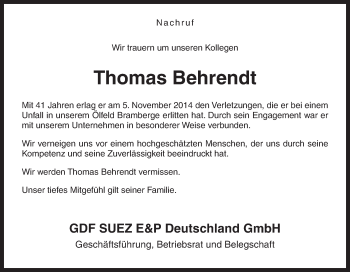 Traueranzeige von Thomas Behrendt von Neue Osnabrücker Zeitung GmbH & Co. KG