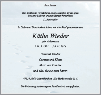 Traueranzeige von Käthe Wieder von Neue Osnabrücker Zeitung GmbH & Co. KG