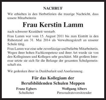 Traueranzeige von Kerstin Lamm von Neue Osnabrücker Zeitung GmbH & Co. KG