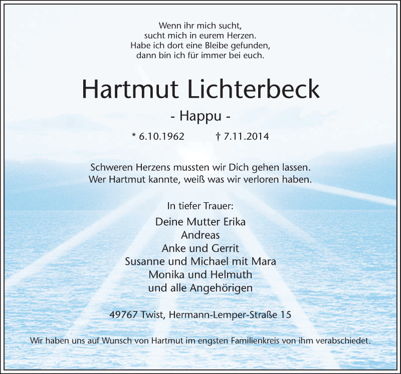  Traueranzeige für Hartmut Lichterbeck vom 15.11.2014 aus Neue Osnabrücker Zeitung GmbH & Co. KG