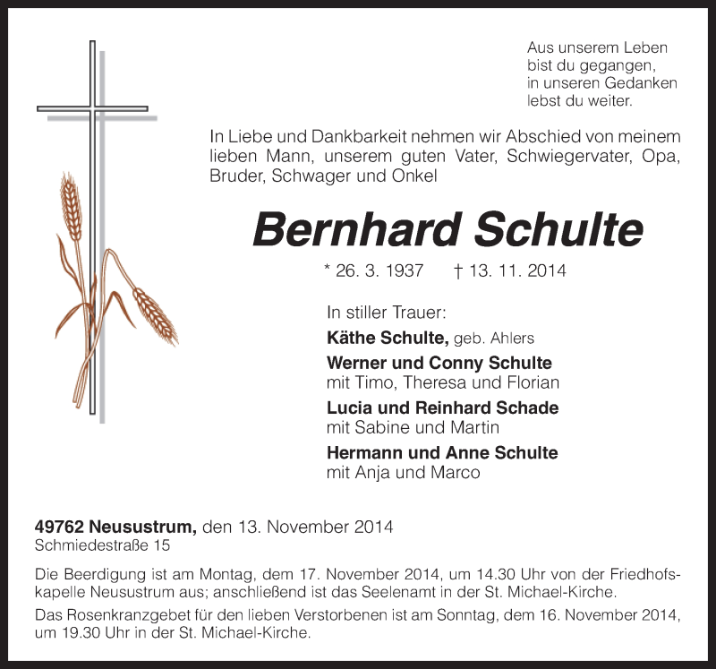  Traueranzeige für Bernhard Schulte vom 15.11.2014 aus Neue Osnabrücker Zeitung GmbH & Co. KG