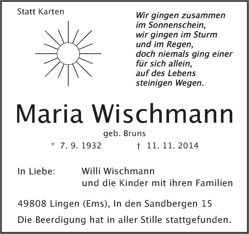  Traueranzeige für Maria Wischmann vom 15.11.2014 aus Neue Osnabrücker Zeitung GmbH & Co. KG