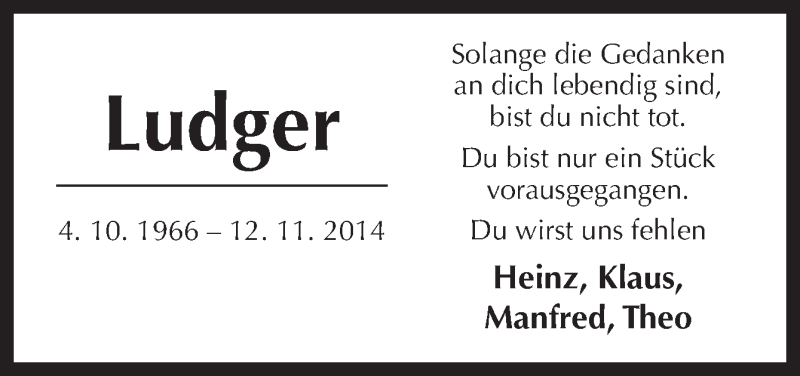  Traueranzeige für Ludger Koslowski vom 15.11.2014 aus Neue Osnabrücker Zeitung GmbH & Co. KG