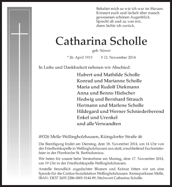 Traueranzeige von Catharina Scholle von Neue Osnabrücker Zeitung GmbH & Co. KG