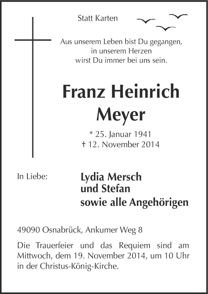  Traueranzeige für Franz Heinrich Meyer vom 15.11.2014 aus Neue Osnabrücker Zeitung GmbH & Co. KG