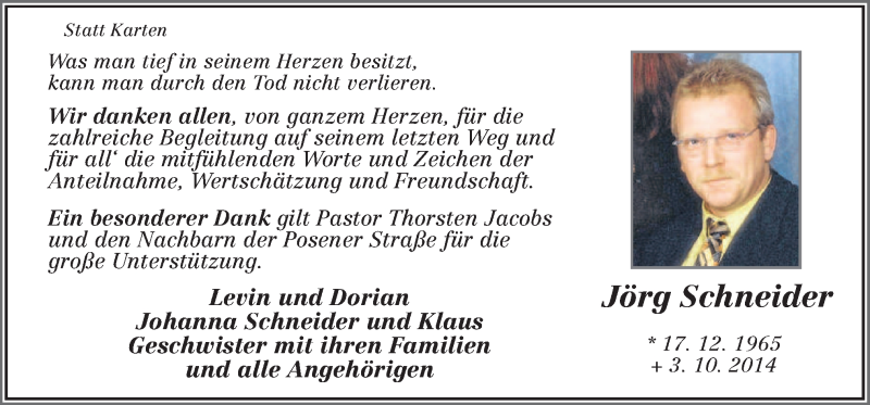  Traueranzeige für Jörg Schneider vom 22.11.2014 aus Neue Osnabrücker Zeitung GmbH & Co. KG