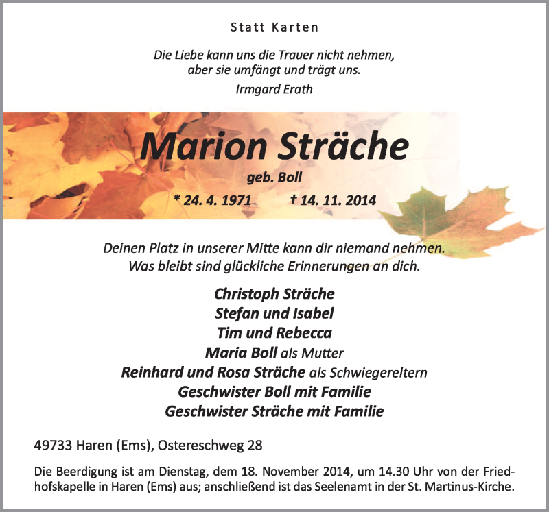  Traueranzeige für Marion Sträche vom 17.11.2014 aus Neue Osnabrücker Zeitung GmbH & Co. KG