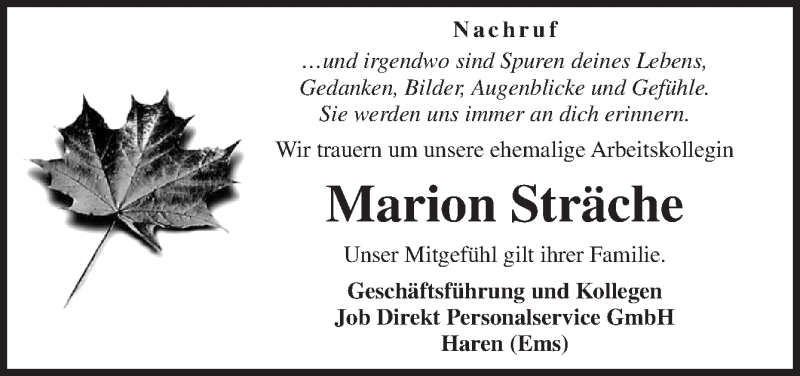  Traueranzeige für Marion Sträche vom 18.11.2014 aus Neue Osnabrücker Zeitung GmbH & Co. KG