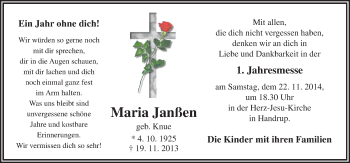 Traueranzeige von Maria Janßen von Neue Osnabrücker Zeitung GmbH & Co. KG