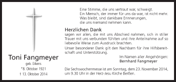 Traueranzeige von Toni Fangmeyer von Neue Osnabrücker Zeitung GmbH & Co. KG