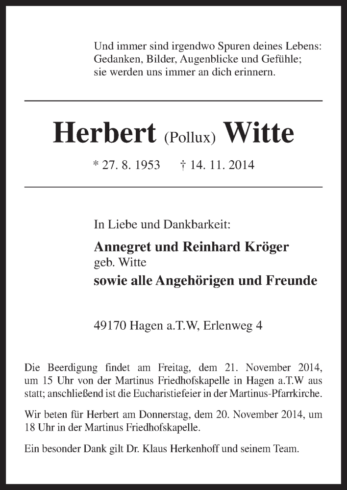  Traueranzeige für Herbert Witte vom 18.11.2014 aus Neue Osnabrücker Zeitung GmbH & Co. KG