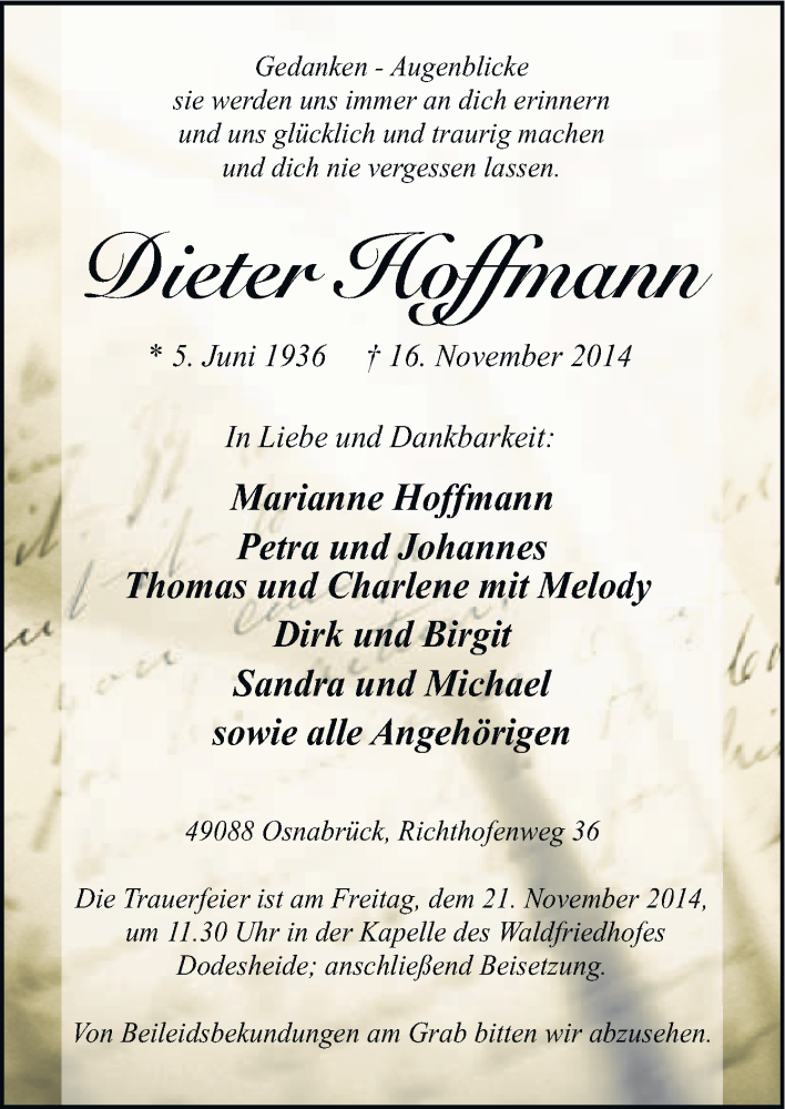  Traueranzeige für Marianne Hoffmann vom 18.11.2014 aus Neue Osnabrücker Zeitung GmbH & Co. KG