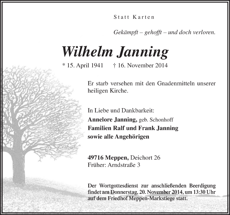  Traueranzeige für Wilhelm Janning vom 19.11.2014 aus Neue Osnabrücker Zeitung GmbH & Co. KG