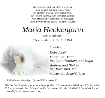 Traueranzeige von Maria Heekenjann von Neue Osnabrücker Zeitung GmbH & Co. KG