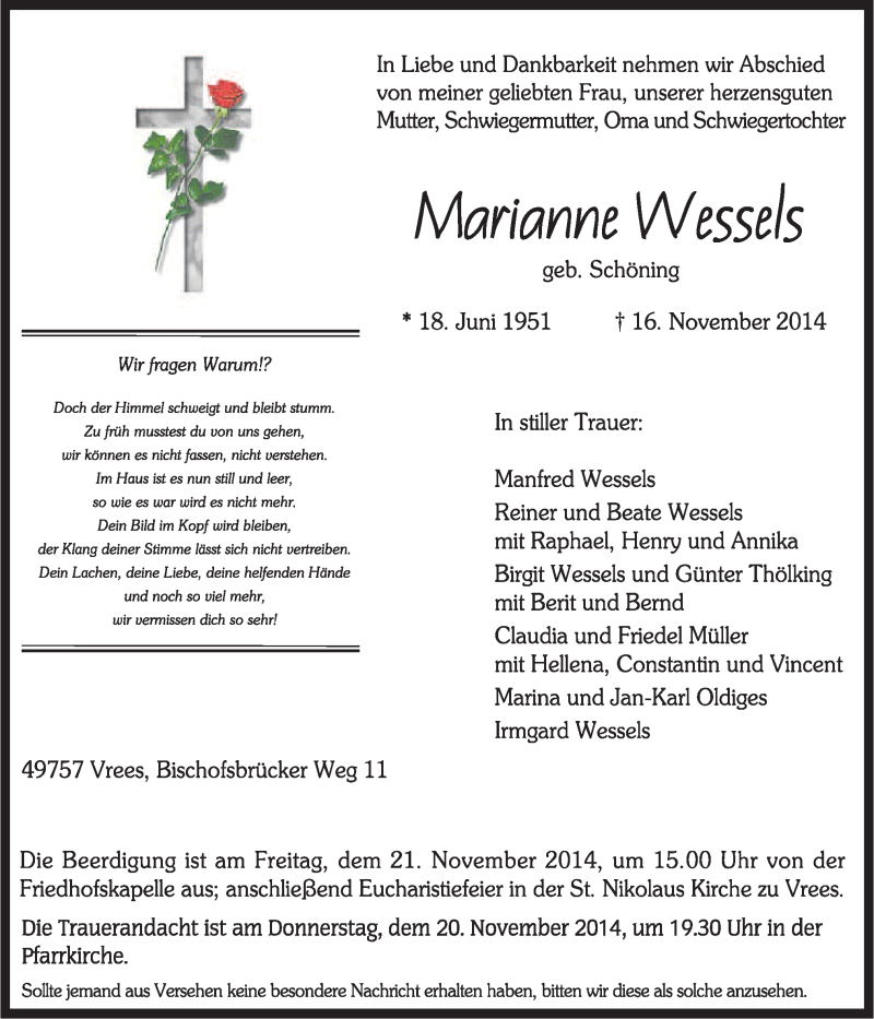  Traueranzeige für Marianne Wessels vom 19.11.2014 aus Neue Osnabrücker Zeitung GmbH & Co. KG