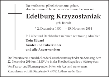 Traueranzeige von Edelburg Krzyzostaniak von Neue Osnabrücker Zeitung GmbH & Co. KG