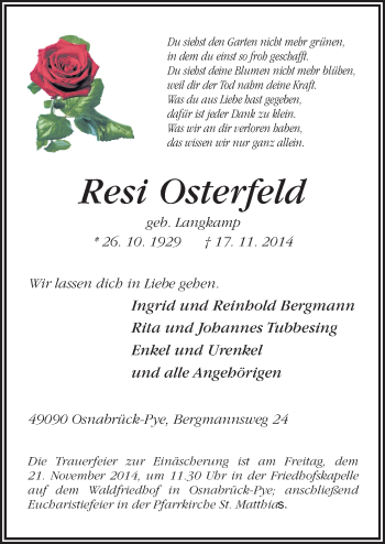 Traueranzeige von Resi Osterfeld von Neue Osnabrücker Zeitung GmbH & Co. KG