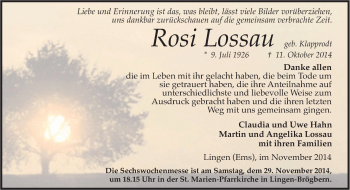 Traueranzeige von Rosi Lossau von Neue Osnabrücker Zeitung GmbH & Co. KG