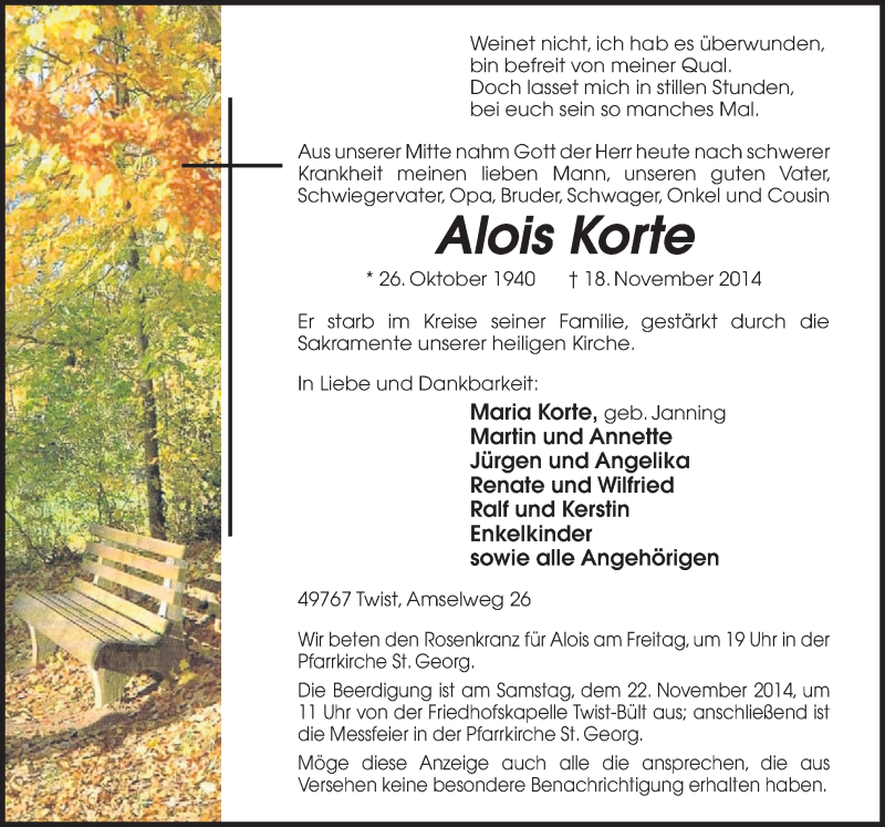  Traueranzeige für Alois Korte vom 20.11.2014 aus Neue Osnabrücker Zeitung GmbH & Co. KG