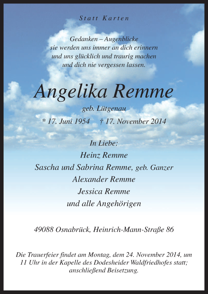  Traueranzeige für Angelika Remme vom 21.11.2014 aus Neue Osnabrücker Zeitung GmbH & Co. KG