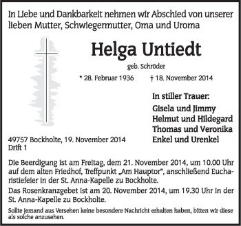 Traueranzeige von Helga Untiedt von Neue Osnabrücker Zeitung GmbH & Co. KG