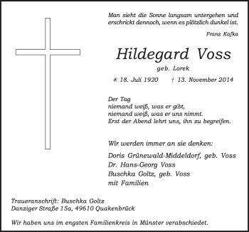 Traueranzeige von Hildegard Voss von Neue Osnabrücker Zeitung GmbH & Co. KG