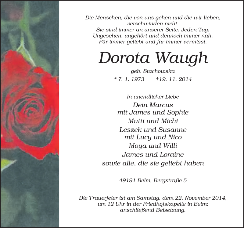  Traueranzeige für Dorota Waugh vom 21.11.2014 aus Neue Osnabrücker Zeitung GmbH & Co. KG