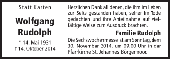Traueranzeige von Wolfgang Rudolph von Neue Osnabrücker Zeitung GmbH & Co. KG