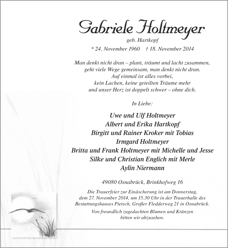  Traueranzeige für Gabriele Holtmeyer vom 22.11.2014 aus Neue Osnabrücker Zeitung GmbH & Co. KG