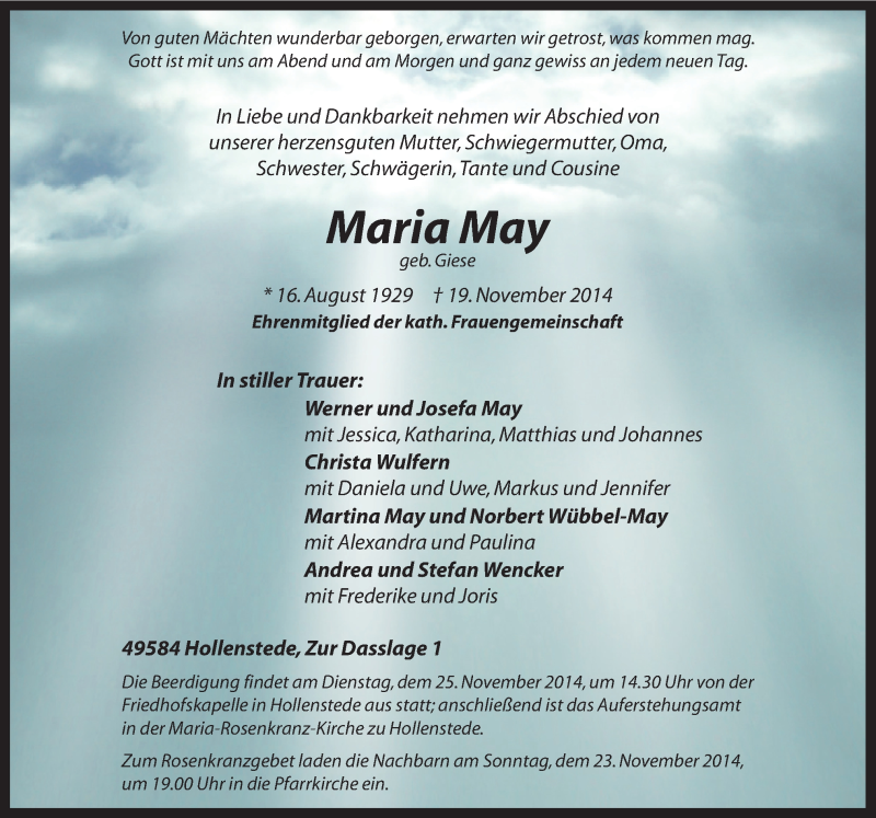  Traueranzeige für Maria May vom 22.11.2014 aus Neue Osnabrücker Zeitung GmbH & Co. KG