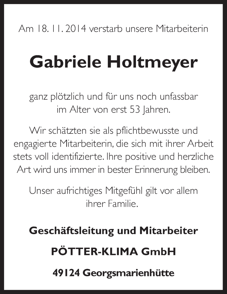  Traueranzeige für Gabriele Holtmeyer vom 22.11.2014 aus Neue Osnabrücker Zeitung GmbH & Co. KG