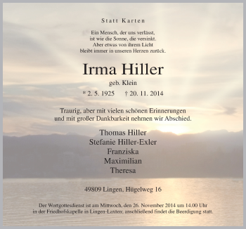 Traueranzeige von Irma Hiller von Neue Osnabrücker Zeitung GmbH & Co. KG