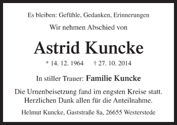 Traueranzeige von Astrid Kuncke von Neue Osnabrücker Zeitung GmbH & Co. KG