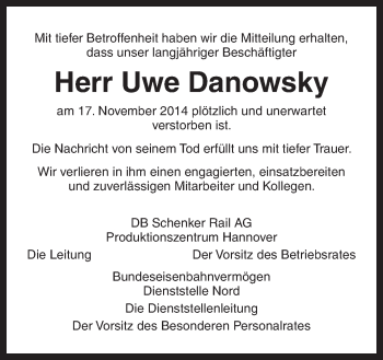 Traueranzeige von Uwe Danowsky von Neue Osnabrücker Zeitung GmbH & Co. KG