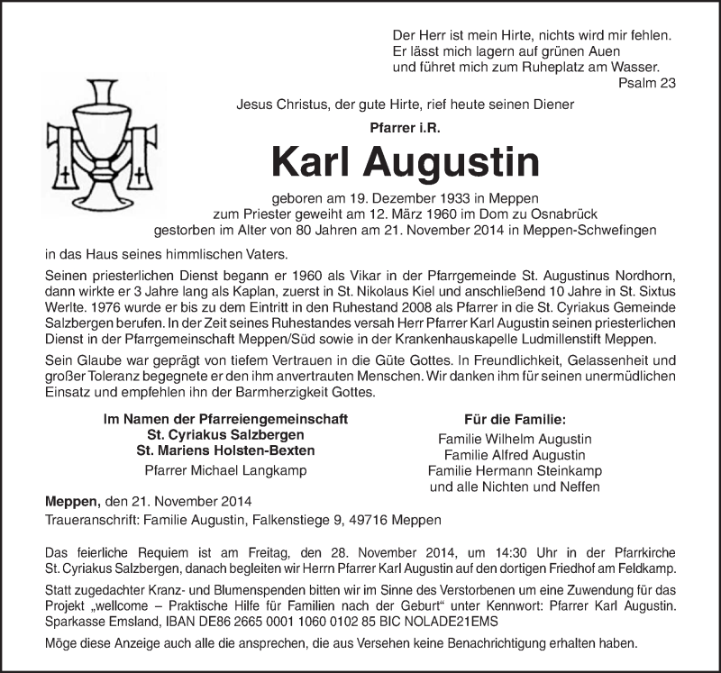  Traueranzeige für Karl Augustin vom 24.11.2014 aus Neue Osnabrücker Zeitung GmbH & Co. KG