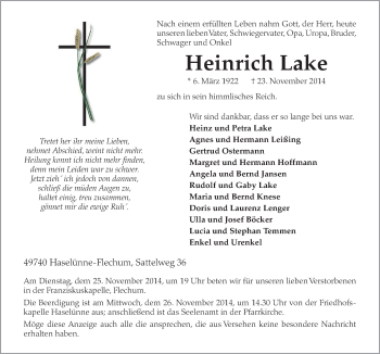 Traueranzeige von Heinrich Lake von Neue Osnabrücker Zeitung GmbH & Co. KG