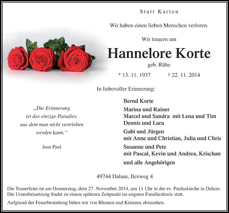  Traueranzeige für Hannelore Korte vom 25.11.2014 aus Neue Osnabrücker Zeitung GmbH & Co. KG