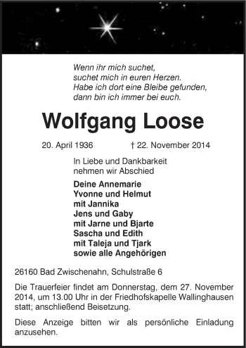 Traueranzeige von Wolfgang Loose von Neue Osnabrücker Zeitung GmbH & Co. KG