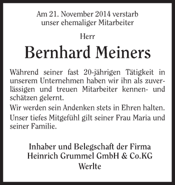 Traueranzeige von Bernhard Meiners von Neue Osnabrücker Zeitung GmbH & Co. KG