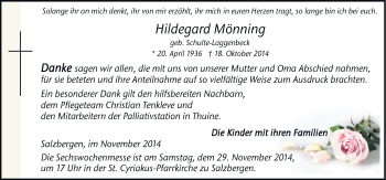 Traueranzeige von Hildegard Mönning von Neue Osnabrücker Zeitung GmbH & Co. KG