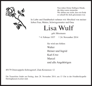 Traueranzeige von Lisa Wulf von Neue Osnabrücker Zeitung GmbH & Co. KG