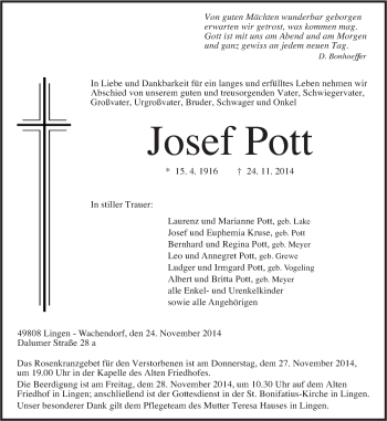 Traueranzeige von Josef Pott von Neue Osnabrücker Zeitung GmbH & Co. KG