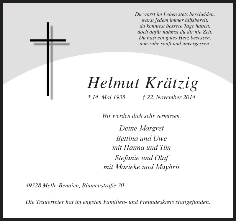  Traueranzeige für Helmut Krätzig vom 28.11.2014 aus Neue Osnabrücker Zeitung GmbH & Co. KG