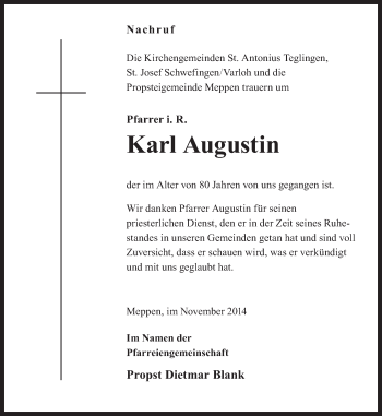 Traueranzeige von Karl Augustin von Neue Osnabrücker Zeitung GmbH & Co. KG