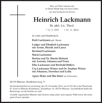 Traueranzeige von Heinrich Lackmann von Neue Osnabrücker Zeitung GmbH & Co. KG