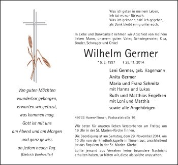 Traueranzeige von Wilhelm Germer von Neue Osnabrücker Zeitung GmbH & Co. KG