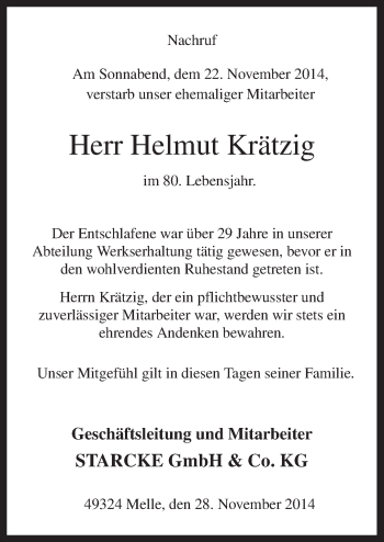 Traueranzeige von Helmut Krätzig von Neue Osnabrücker Zeitung GmbH & Co. KG