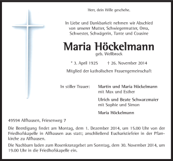 Traueranzeige von Maria Höckelmann von Neue Osnabrücker Zeitung GmbH & Co. KG