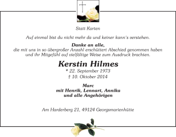 Traueranzeige von Kerstin Hilmes von Neue Osnabrücker Zeitung GmbH & Co. KG